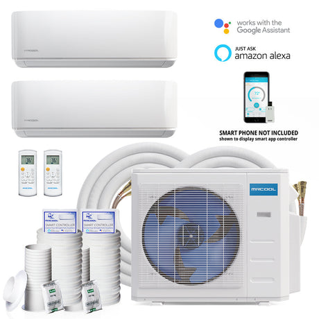 Mrcool Diy Mini Split - 18,000 Btu 2 Zone Ductless Air Conditioner And Heat Pump With 16 Ft. And 50 Ft. Install Kit, Diym218Hpw00C04