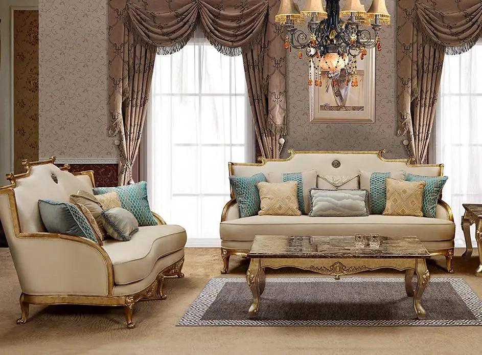 Majestic Traditional Sofa and Loveseat in Gold & Light Beige Wood Finish by Cosmos Furniture Cosmos Furniture