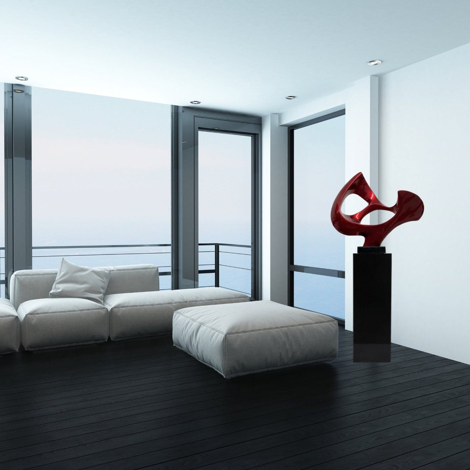 Metallic Red Abstract Mask Floor Sculpture With Black Stand, 54" Tall - Home Elegance USA