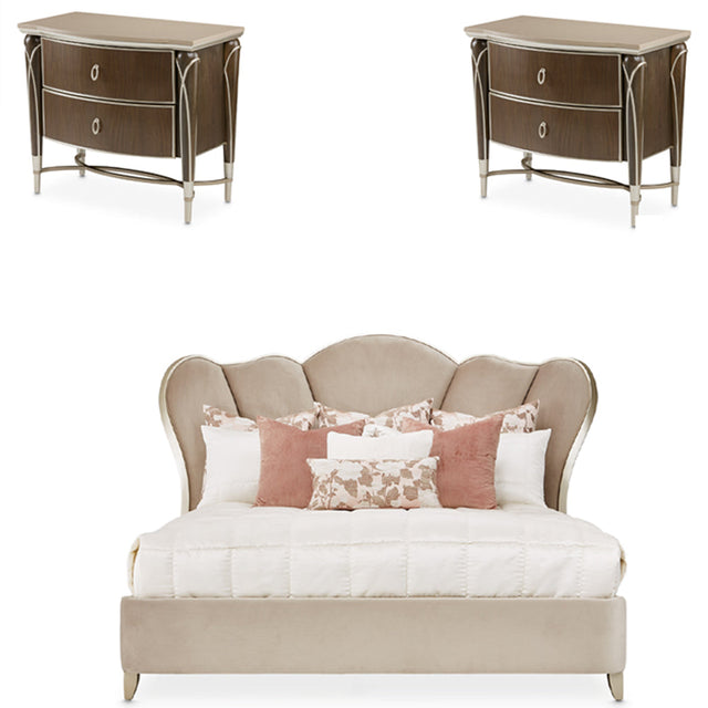 Aico Furniture - Villa Cherie 3 Piece Queen Upholstered Bedroom Set In Hazelnut - N9008000Hqn-410-3Set