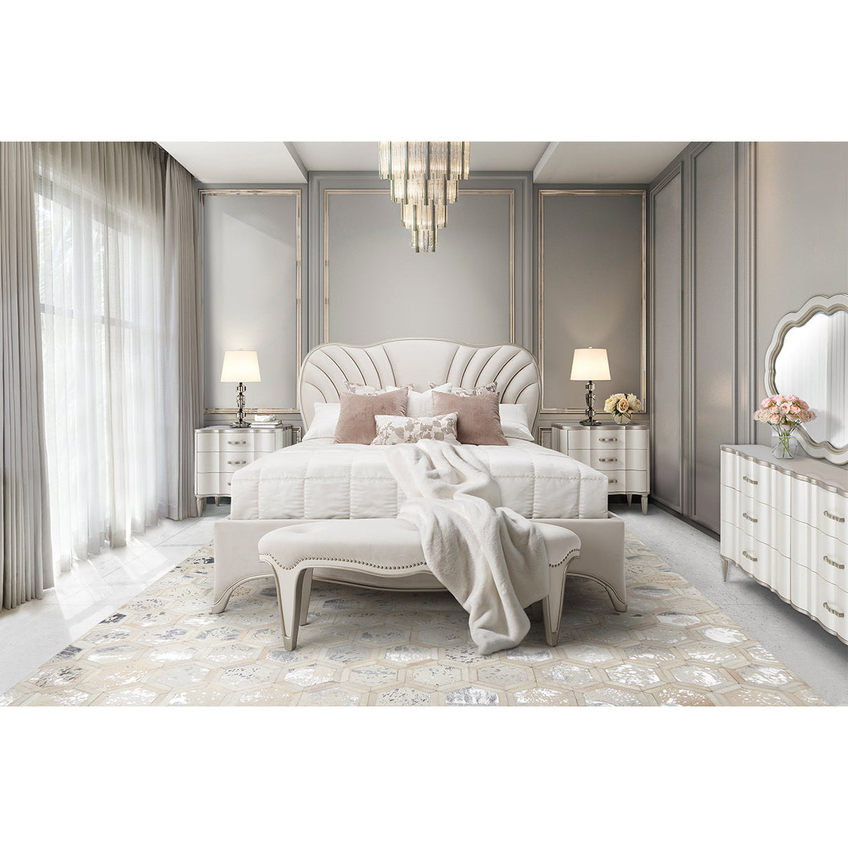 Aico Furniture - London Place Queen Upholstered Panel Bed In Creamy Pearl - Nc9004000Qn3-112