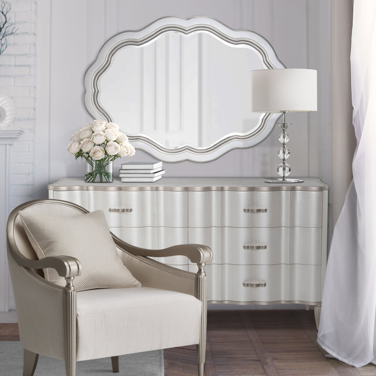 Aico Furniture - London Place Storage Console-Dresser With Mirror In Creamy Pearl - Nc9004050-260-112