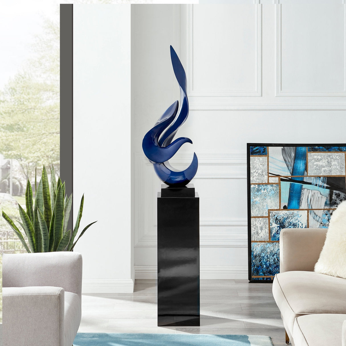 Navy Blue Flame Floor Sculpture With Black Stand, – Home Elegance USA
