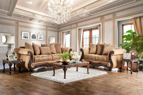 Nicanor Traditional Sofa and Loveseat in Tan & Gold Chenille Finish by Furniture of America Furniture of America