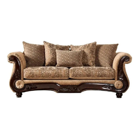 Nicanor Traditional Sofa and Loveseat in Tan & Gold Chenille Finish by Furniture of America Furniture of America