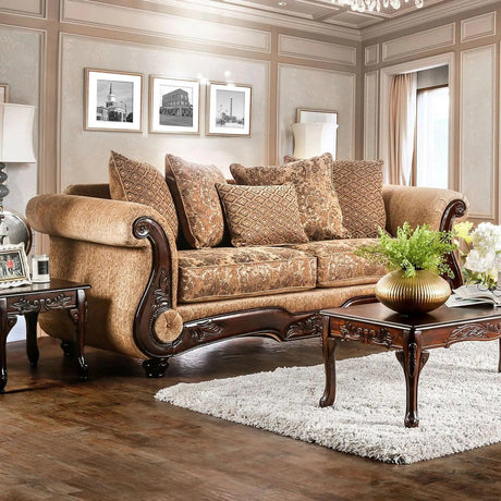 Nicanor Traditional Sofa and Loveseat in Tan & Gold Chenille Finish by Furniture of America Furniture of America