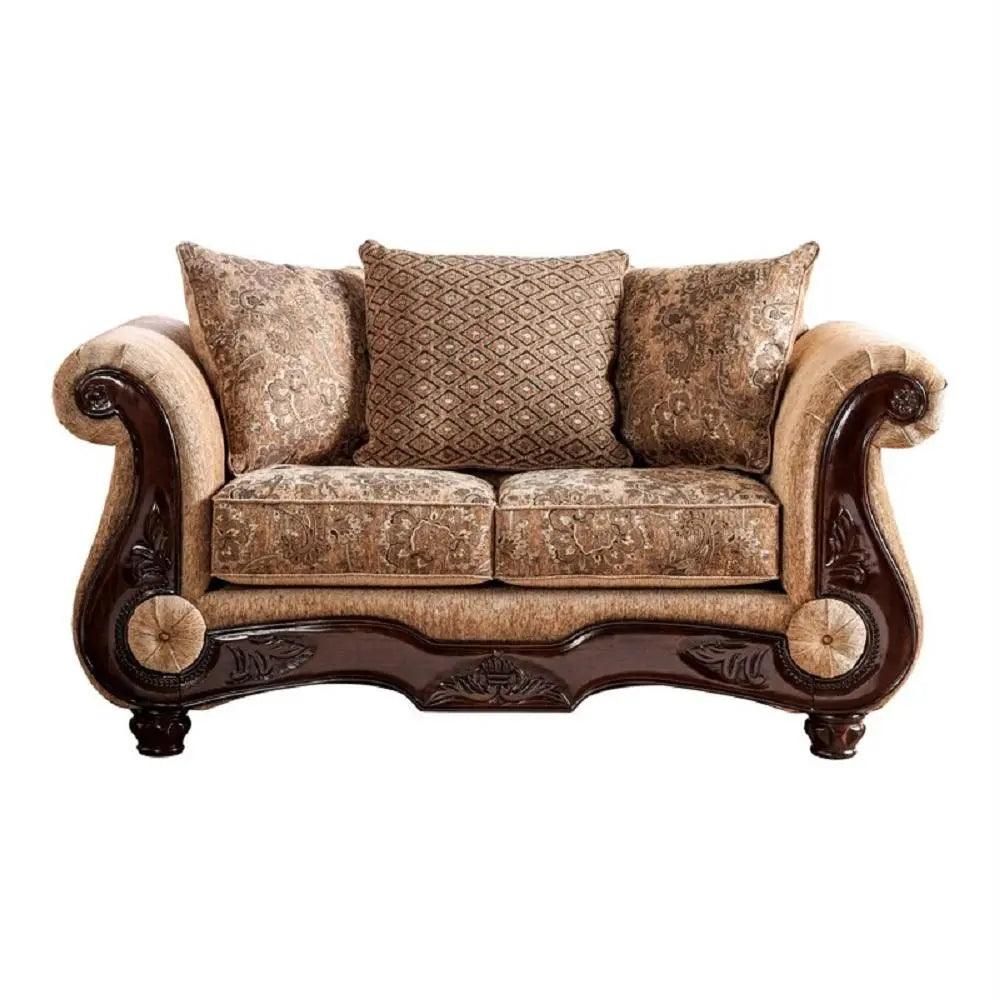 Nicanor Traditional Sofa and Loveseat in Tan & Gold Chenille Finish by Furniture of America Furniture of America