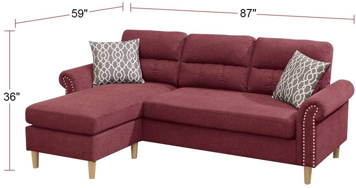 Paparika Red Color Polyfiber Reversible Sectional Sofa Set Chaise Pillows Plush Cushion Couch Nailheads - Home Elegance USA