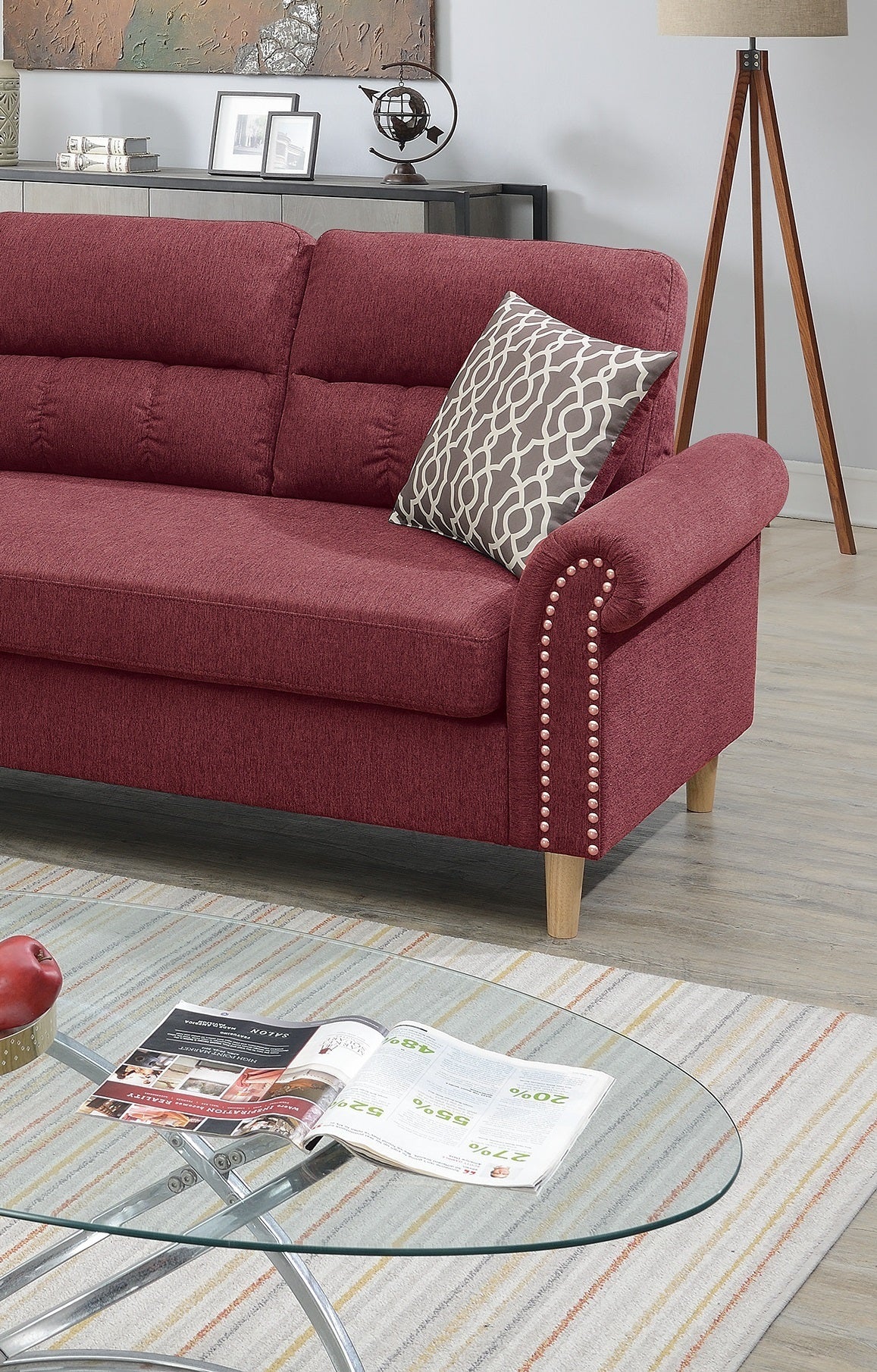 Paparika Red Color Polyfiber Reversible Sectional Sofa Set Chaise Pillows Plush Cushion Couch Nailheads - Home Elegance USA