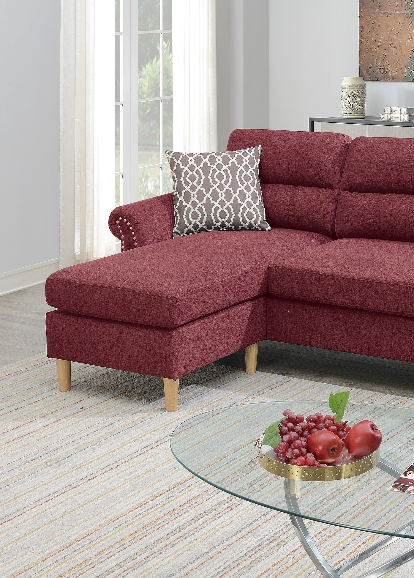 Paparika Red Color Polyfiber Reversible Sectional Sofa Set Chaise Pillows Plush Cushion Couch Nailheads - Home Elegance USA