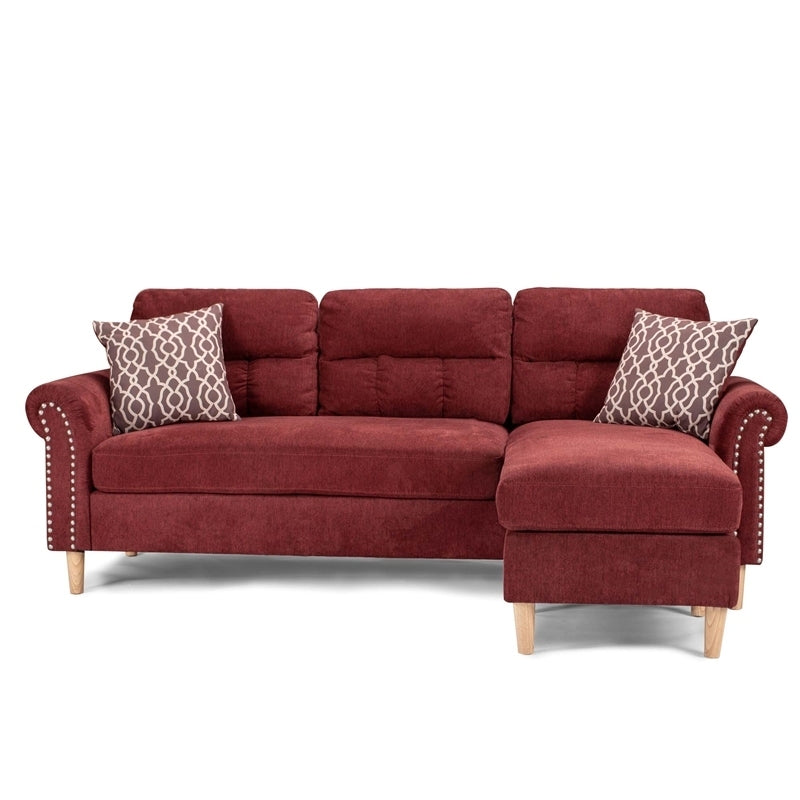 Paparika Red Color Polyfiber Reversible Sectional Sofa Set Chaise Pillows Plush Cushion Couch Nailheads - Home Elegance USA