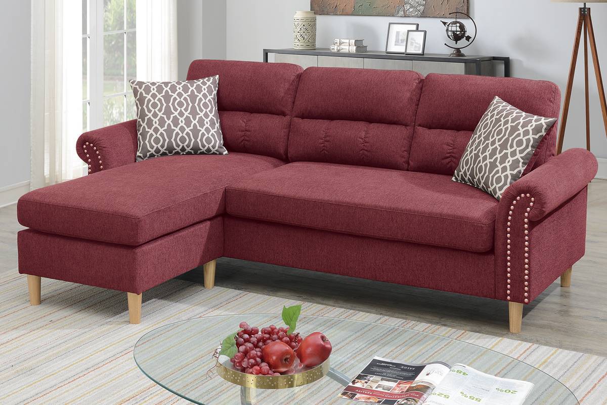 Paparika Red Color Polyfiber Reversible Sectional Sofa Set Chaise Pillows Plush Cushion Couch Nailheads - Home Elegance USA