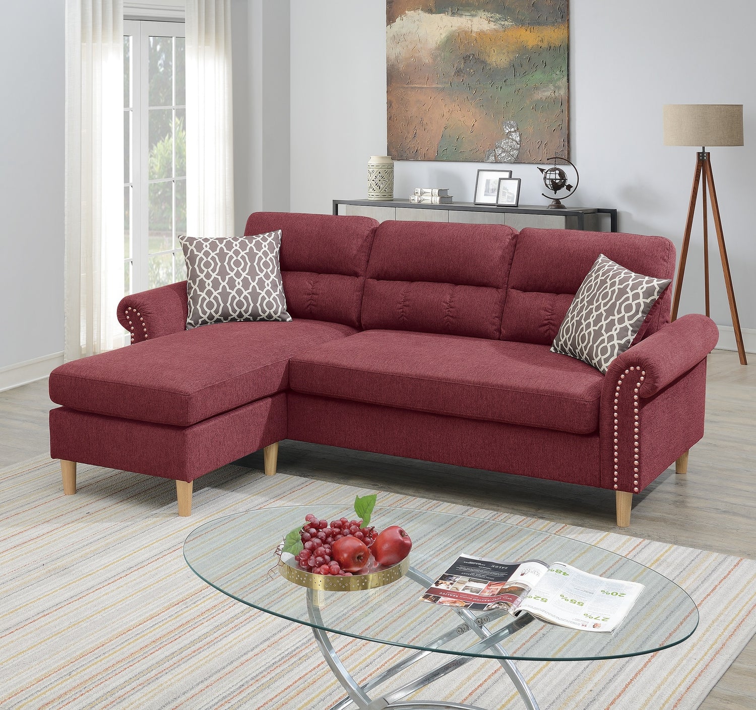 Paparika Red Color Polyfiber Reversible Sectional Sofa Set Chaise Pillows Plush Cushion Couch Nailheads - Home Elegance USA