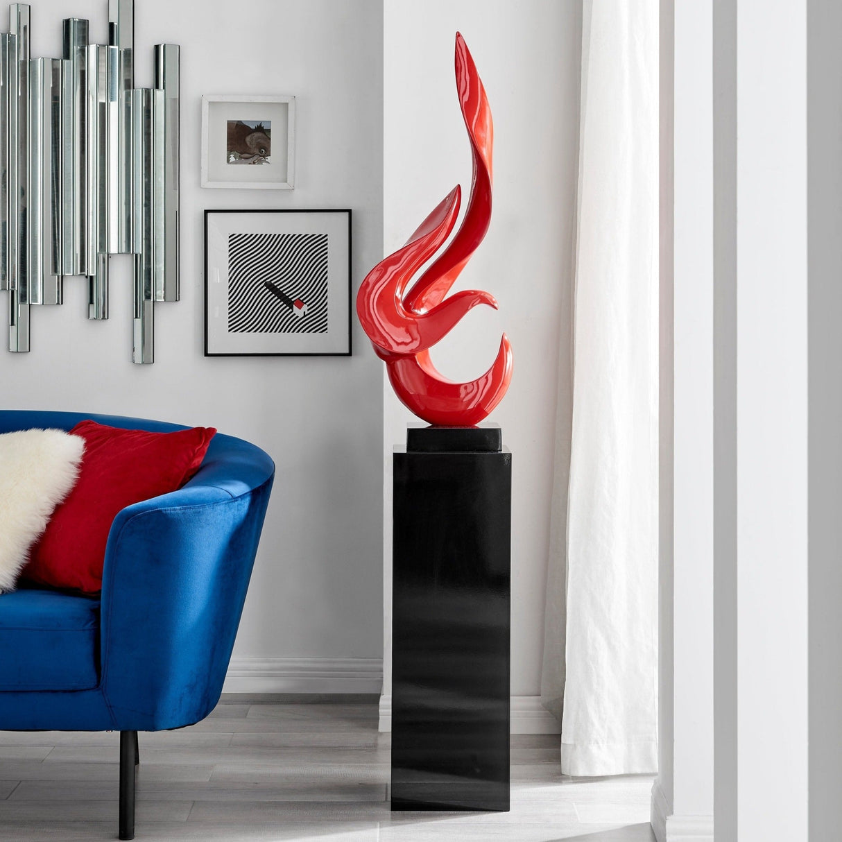 Red Flame Floor Sculpture With Black Stand, 65" Tall - Home Elegance USA