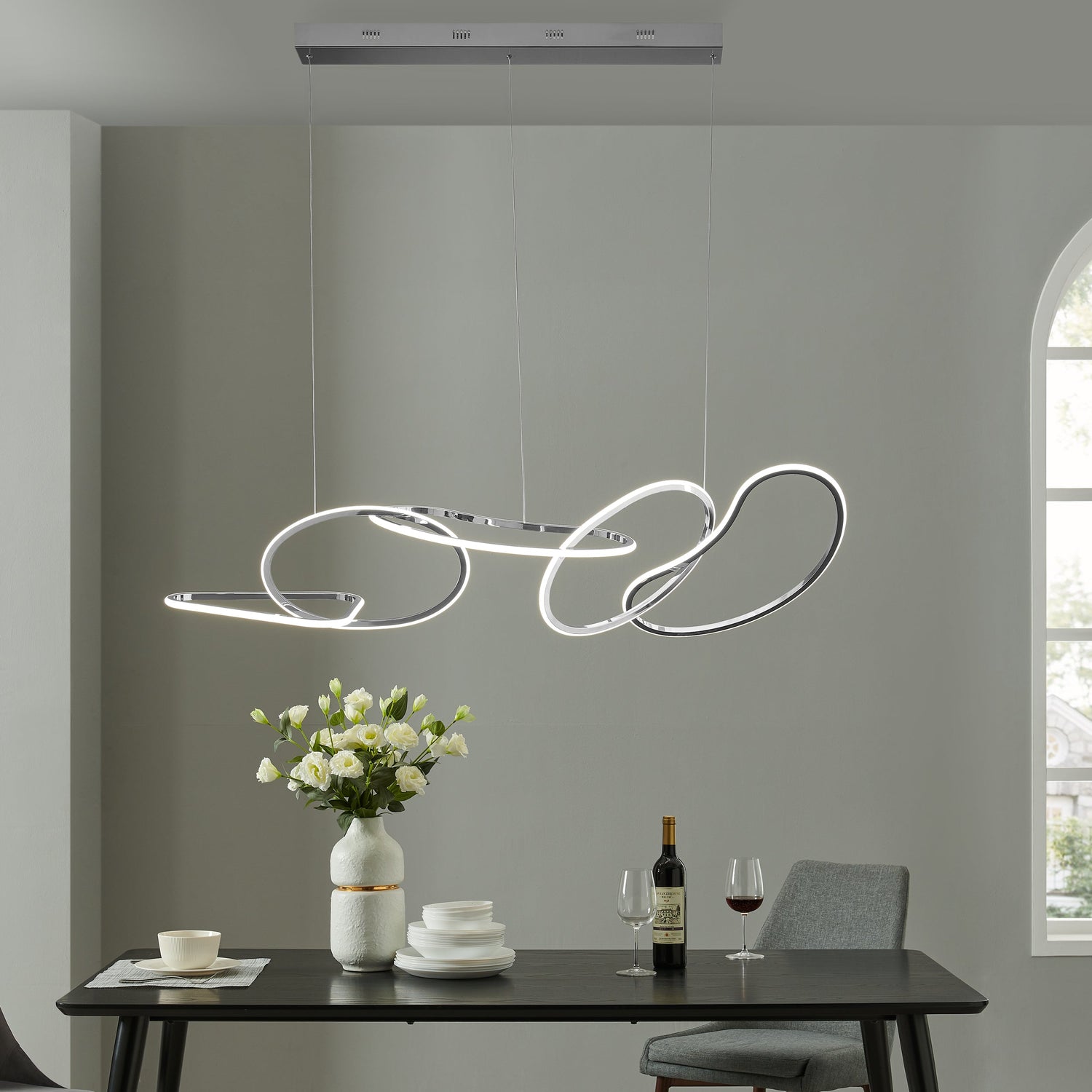 Seoul LED Hoops Rectangular Chandelier // Chrome - Home Elegance USA