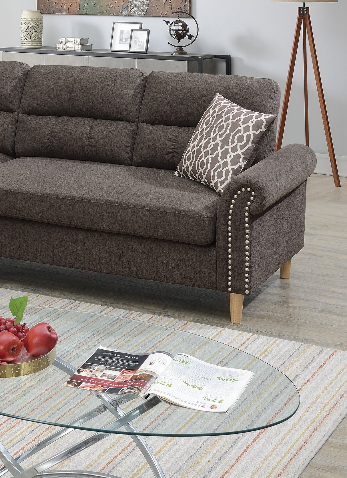 Tan Color Polyfiber Reversible Sectional Sofa Set Chaise Pillows Plush Cushion Couch Nailheads - Home Elegance USA