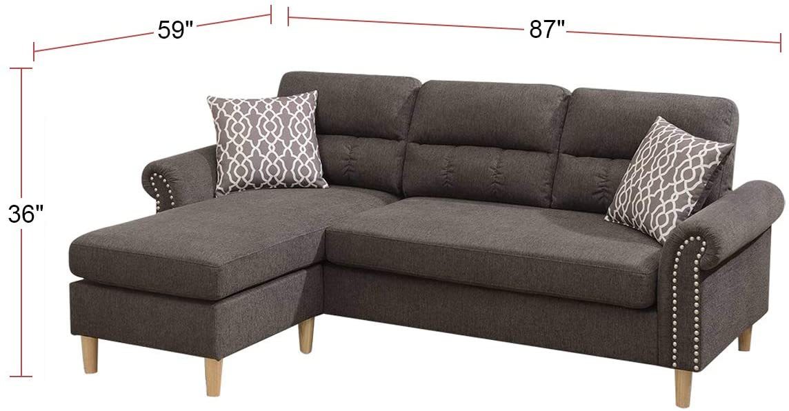 Tan Color Polyfiber Reversible Sectional Sofa Set Chaise Pillows Plush Cushion Couch Nailheads - Home Elegance USA