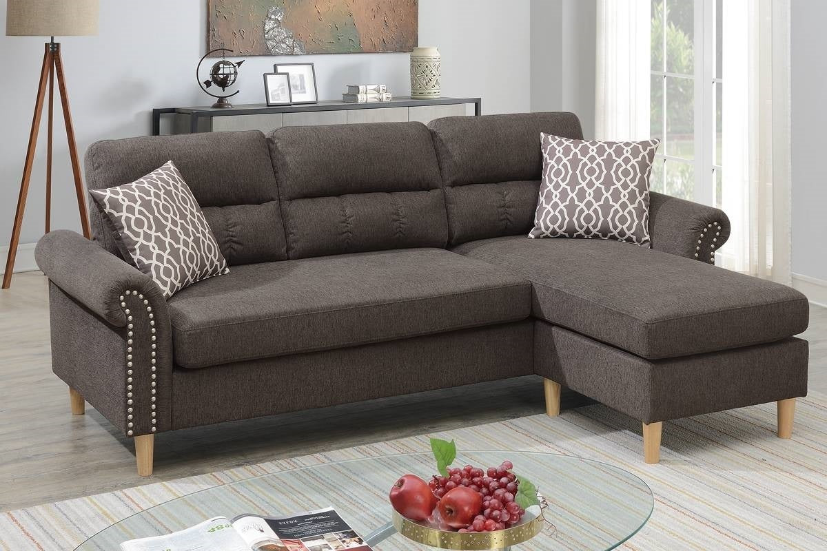 Tan Color Polyfiber Reversible Sectional Sofa Set Chaise Pillows Plush Cushion Couch Nailheads - Home Elegance USA