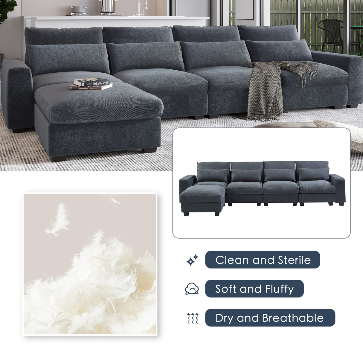 U_Style Modern Large L-Shape Feather Filled Sectional Sofa,  Convertible Sofa Couch with Reversible Chaise for Living Room - Home Elegance USA