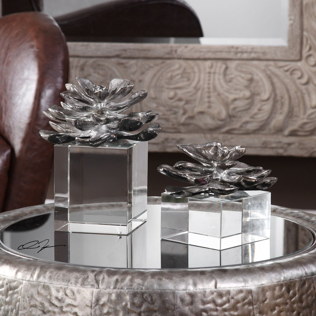 Uttermost Indian Lotus Metallic Silver Flowers - Set Of 2 - Home Elegance USA