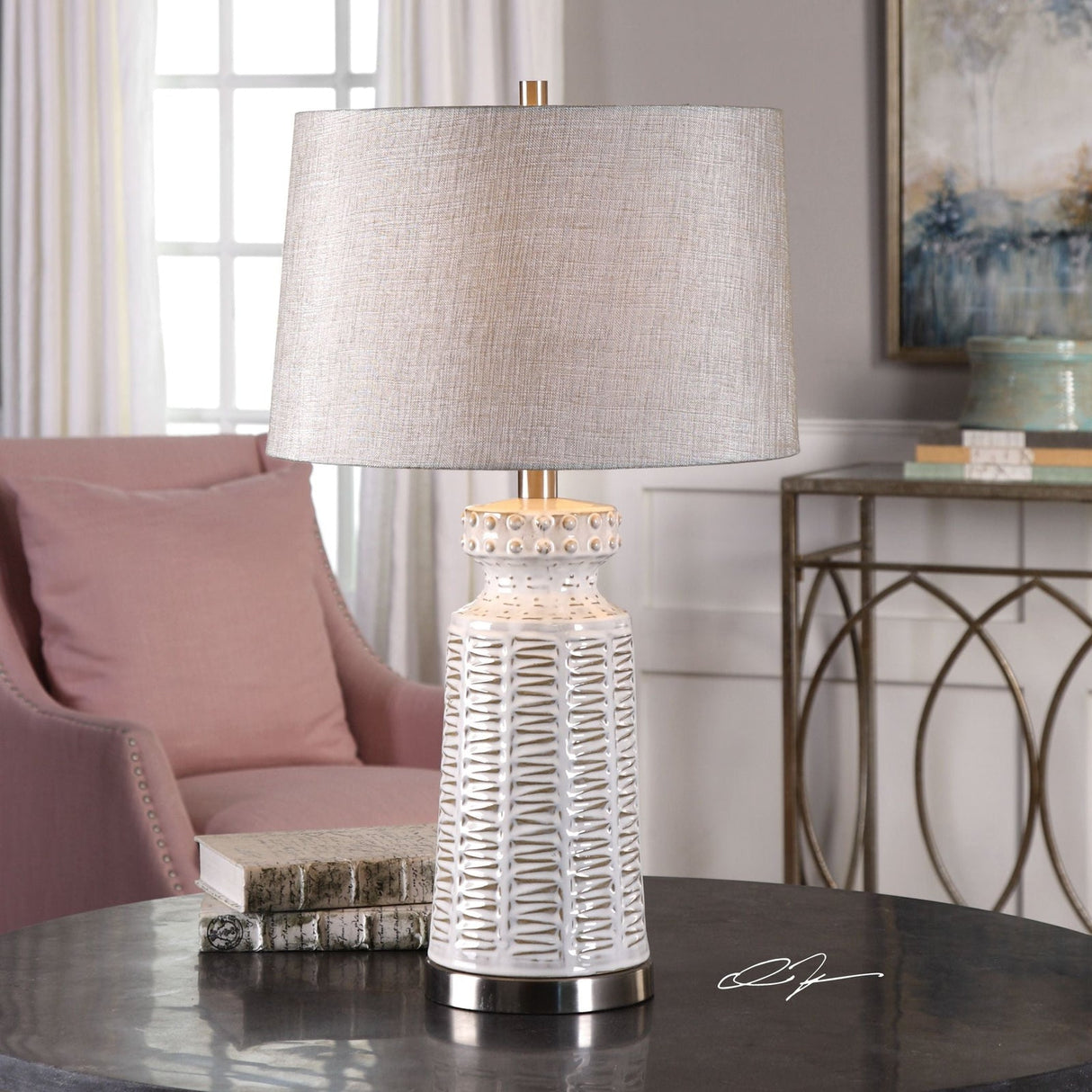 Uttermost Kansa Distressed White Table Lamp - Home Elegance USA