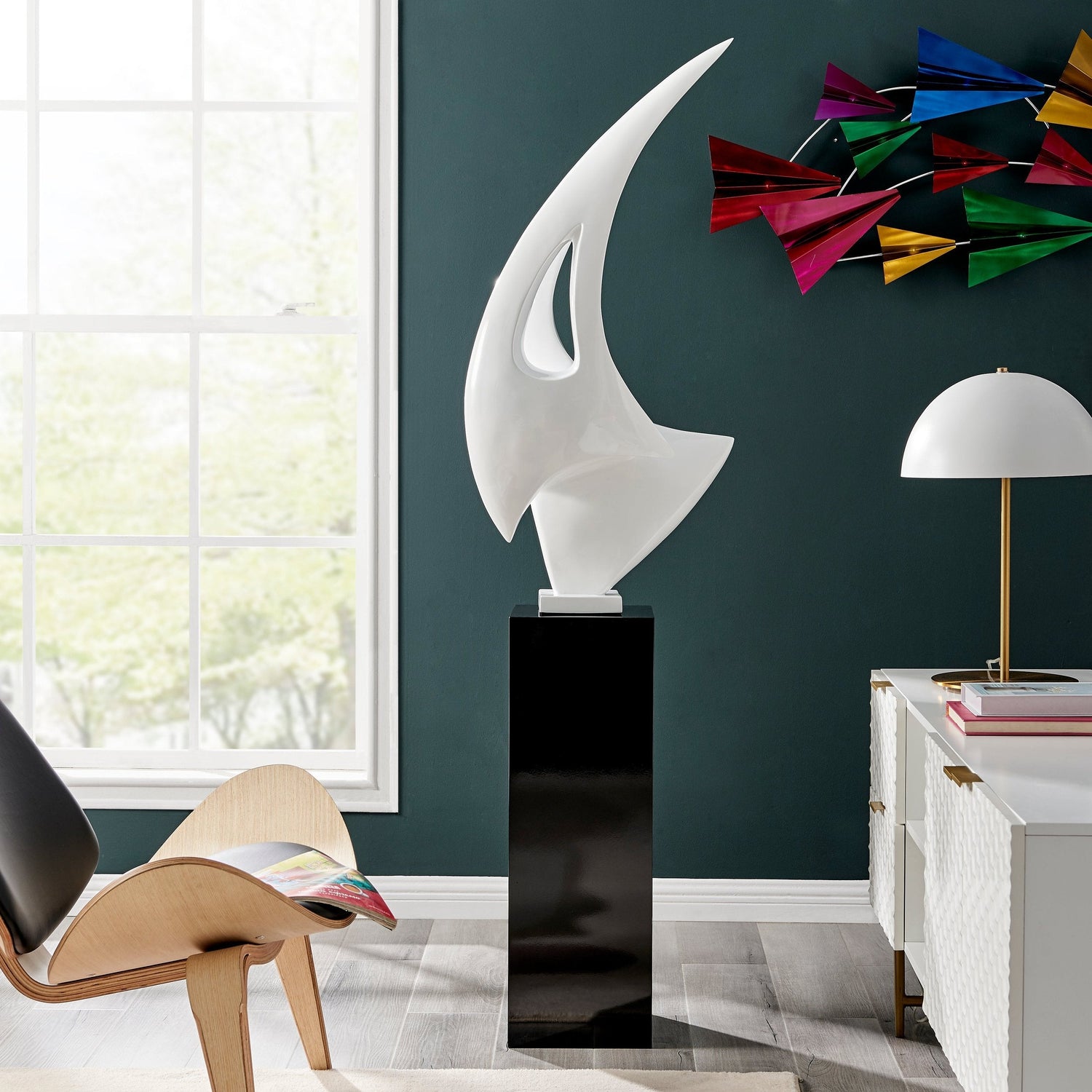 White Sail Floor Sculpture With Black Stand, 70" Tall - Home Elegance USA