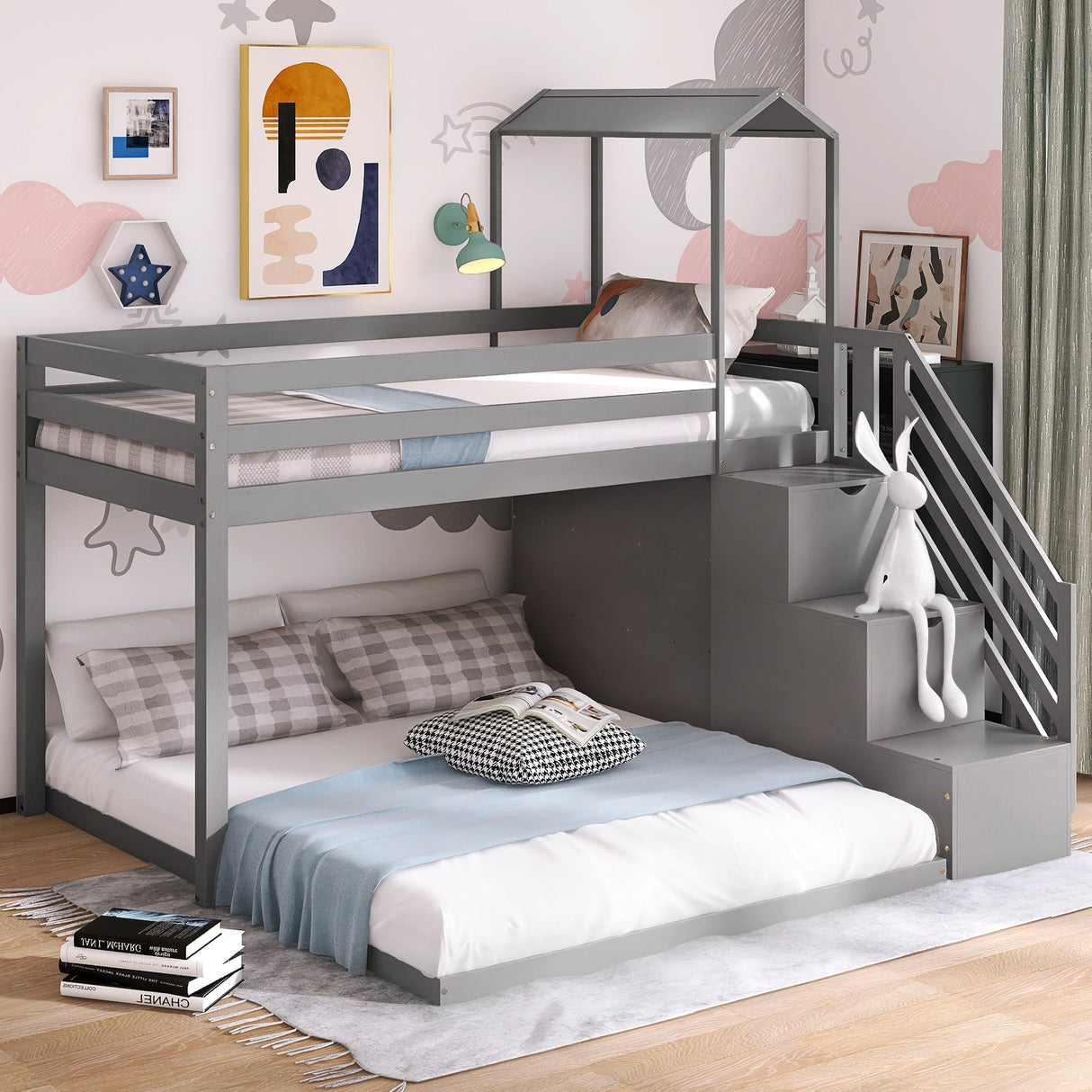 Twin over Full House Roof Bunk Bed with Staircase and Shelves, Gray - Home Elegance USA