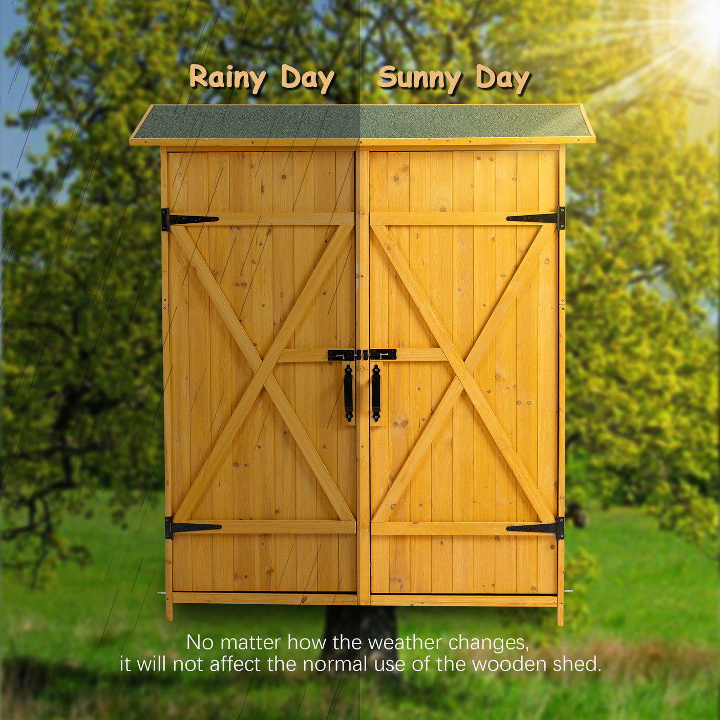 56”L x 19.5”W x 64”H Outdoor Storage Shed with Lockable Door, Wooden Tool Storage Shed w/Detachable Shelves & Pitch Roof, Natural