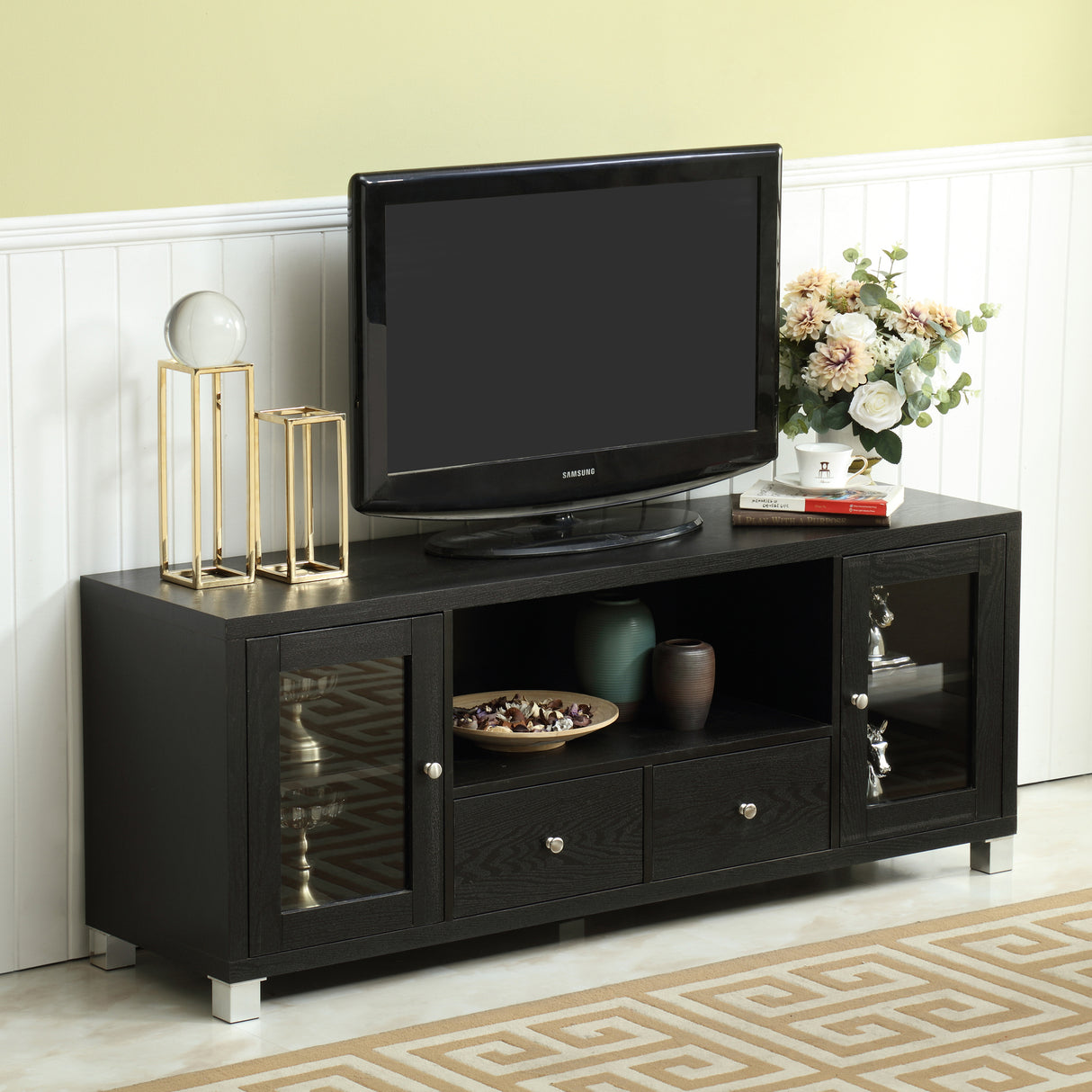 58" TV Stand Console  2 Doors and 2 Drawers -Black Home Elegance USA