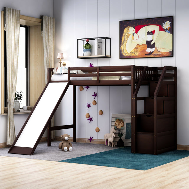 Twin Size Loft Bed with Storage and Slide, Espresso - Home Elegance USA