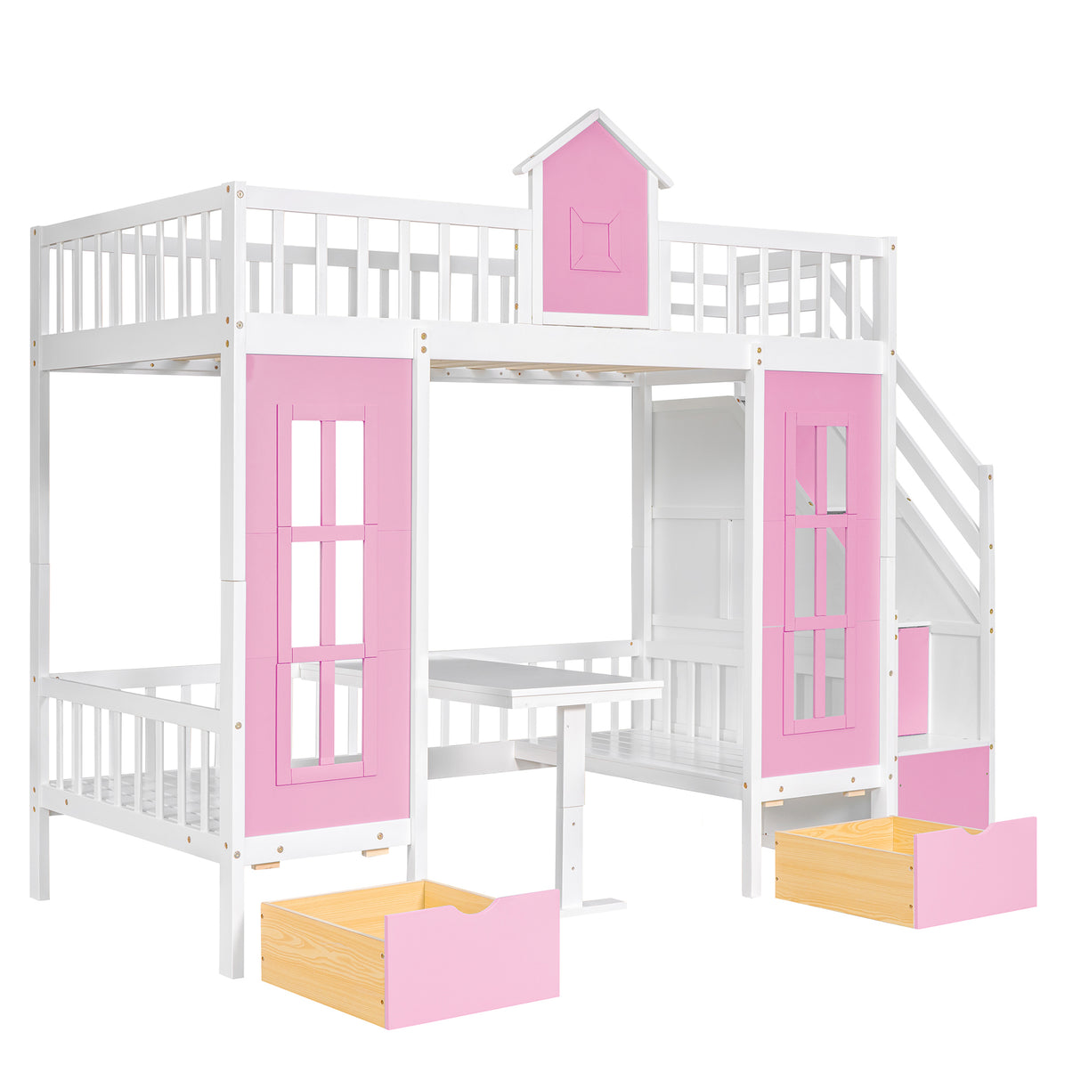 Twin-Over-Twin Bunk Bed with Changeable Table , Bunk Bed  Turn into Upper Bed and Down Desk with 2 Drawers - Pink - Home Elegance USA