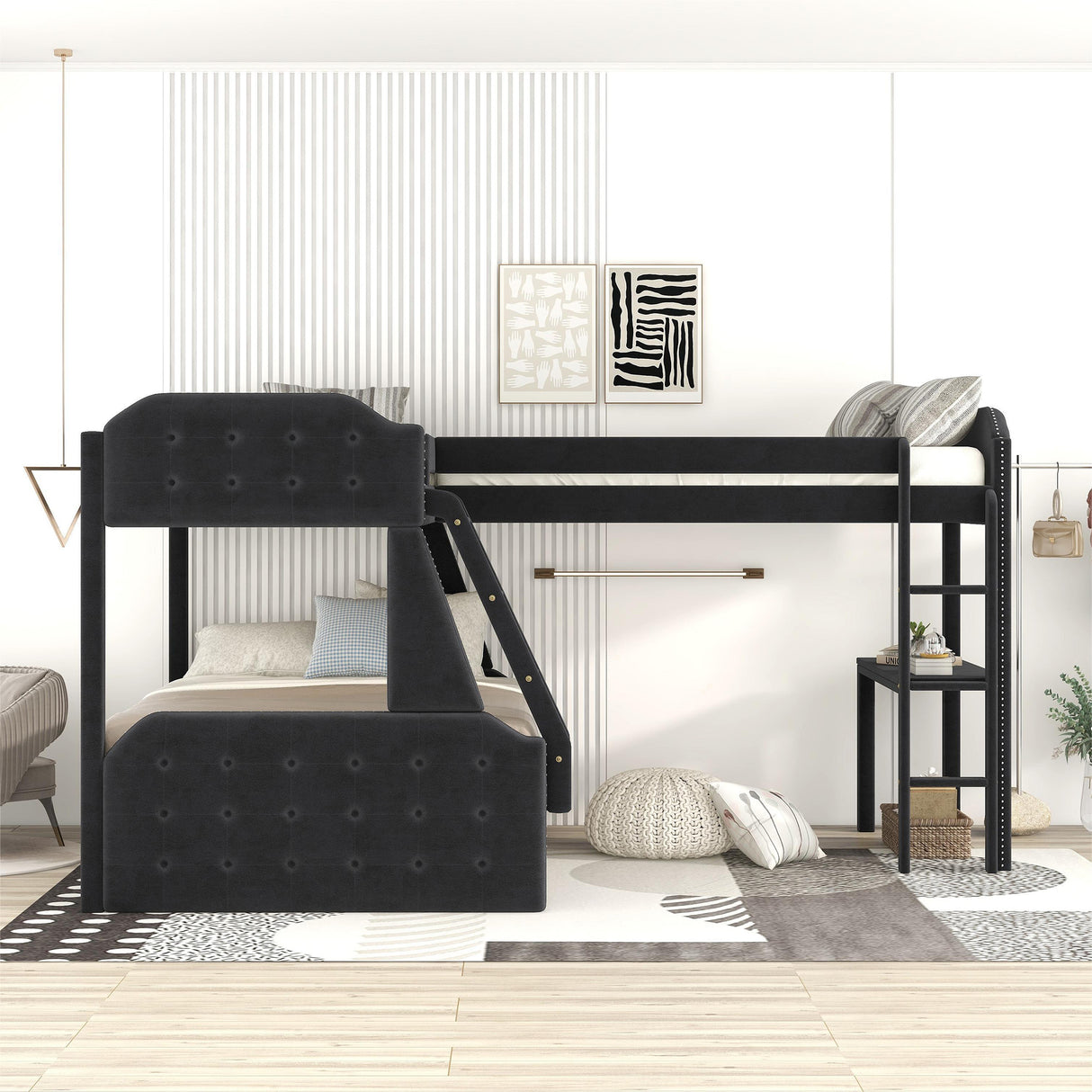 L-Shaped Twin over Full Bunk Bed and Twin Sie Loft Bed with Desk,Black - Home Elegance USA