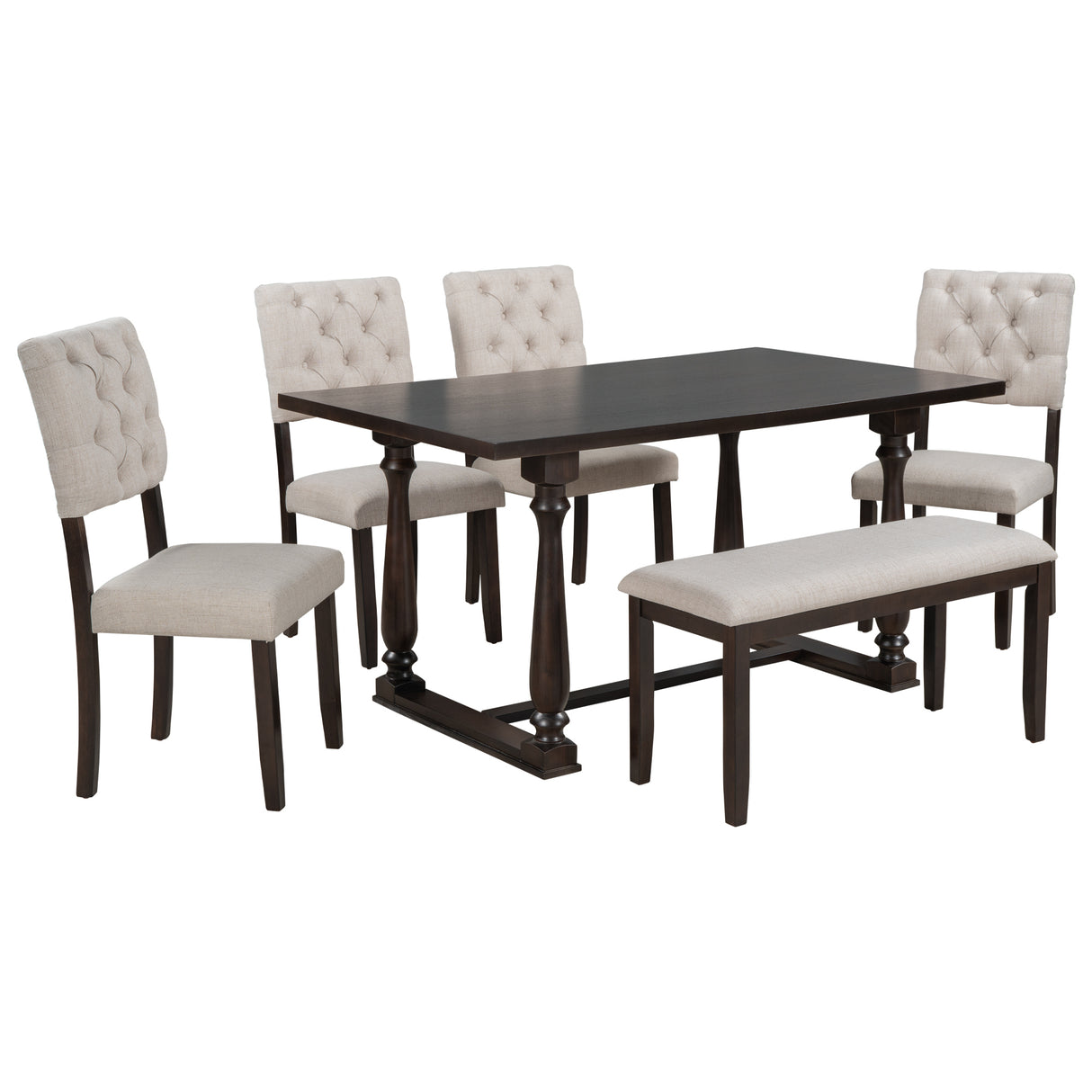 TREXM 6-Piece Dining Table and Chair Set with Special-shaped Legs and Foam-covered Seat Backs&Cushions for Dining Room (Espresso) - Home Elegance USA