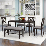 TREXM 6-Piece Kitchen Dining Table Set Wooden Rectangular Dining Table, 4 Fabric Chairs and Bench Family Furniture (Espresso) - Home Elegance USA