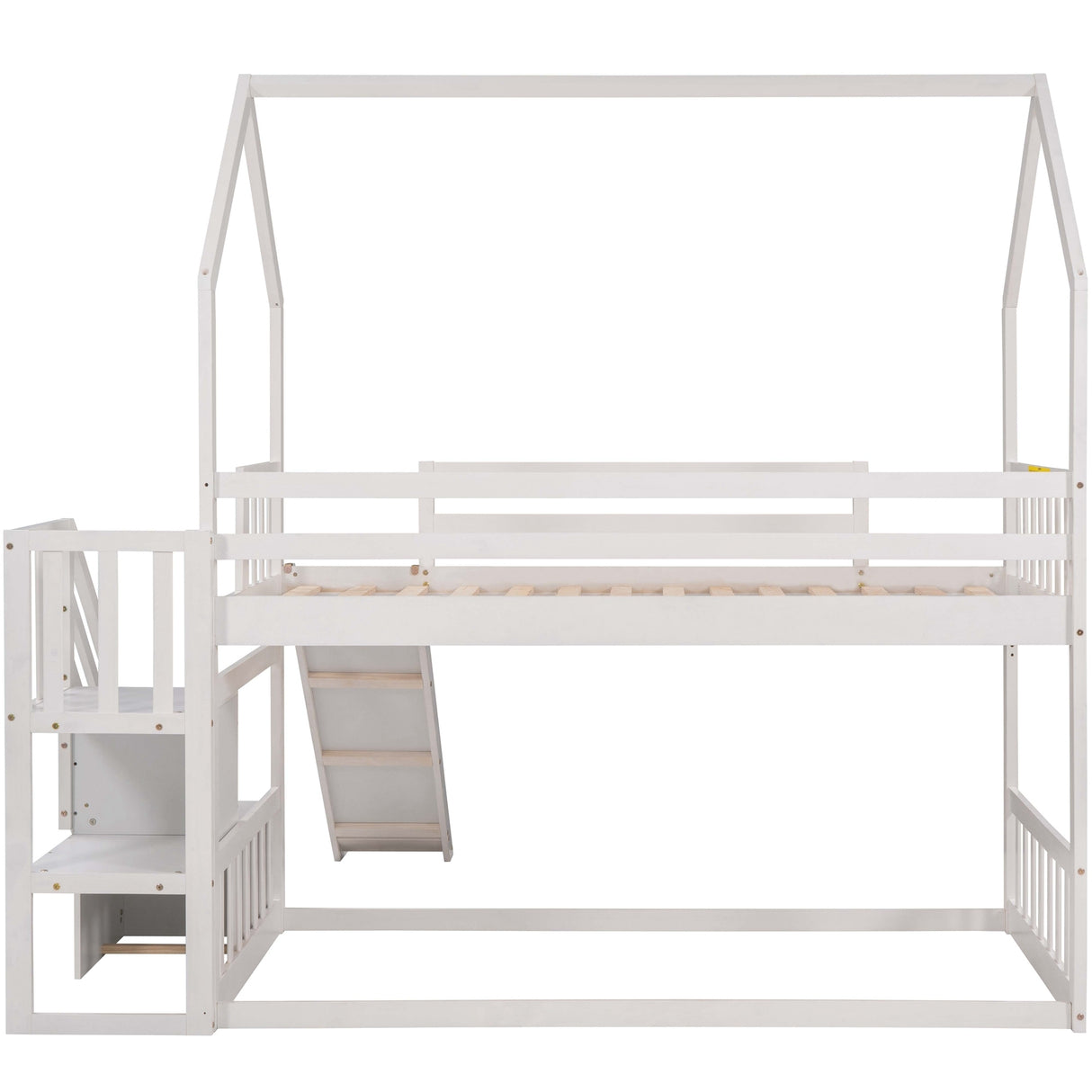 Twin over Twin House Bunk Bed with Convertible Slide,Storage Staircase,White - Home Elegance USA