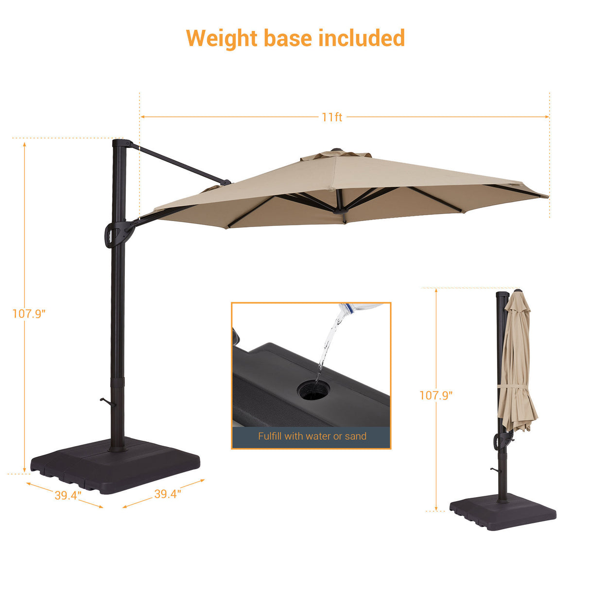 Patio Cantilever Umbrella with Weight Base for Deck, Pool and Backyard in Beige
