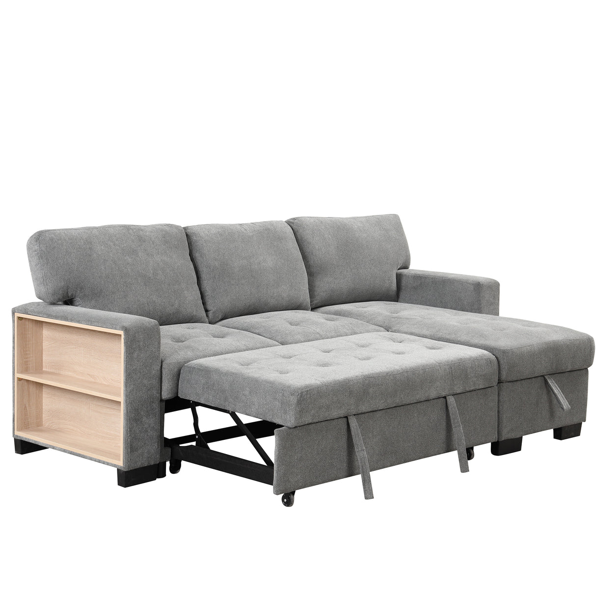 Stylish and Functional Light Chaise Lounge Sectional with Storage Rack Pull-out Bed Drop Down Table  and USB Charger Gray - Home Elegance USA