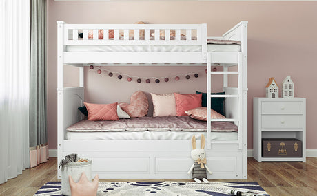 Full Over Full Bunk Bed with Twin Size Trundle, Pine Wood Bunk Bed with Guardrails, White （Old SKU:LP000044AAK）