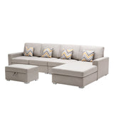 Nolan Beige Linen Fabric 5Pc Reversible Sofa Chaise with Interchangeable Legs, Storage Ottoman, and Pillows - Home Elegance USA