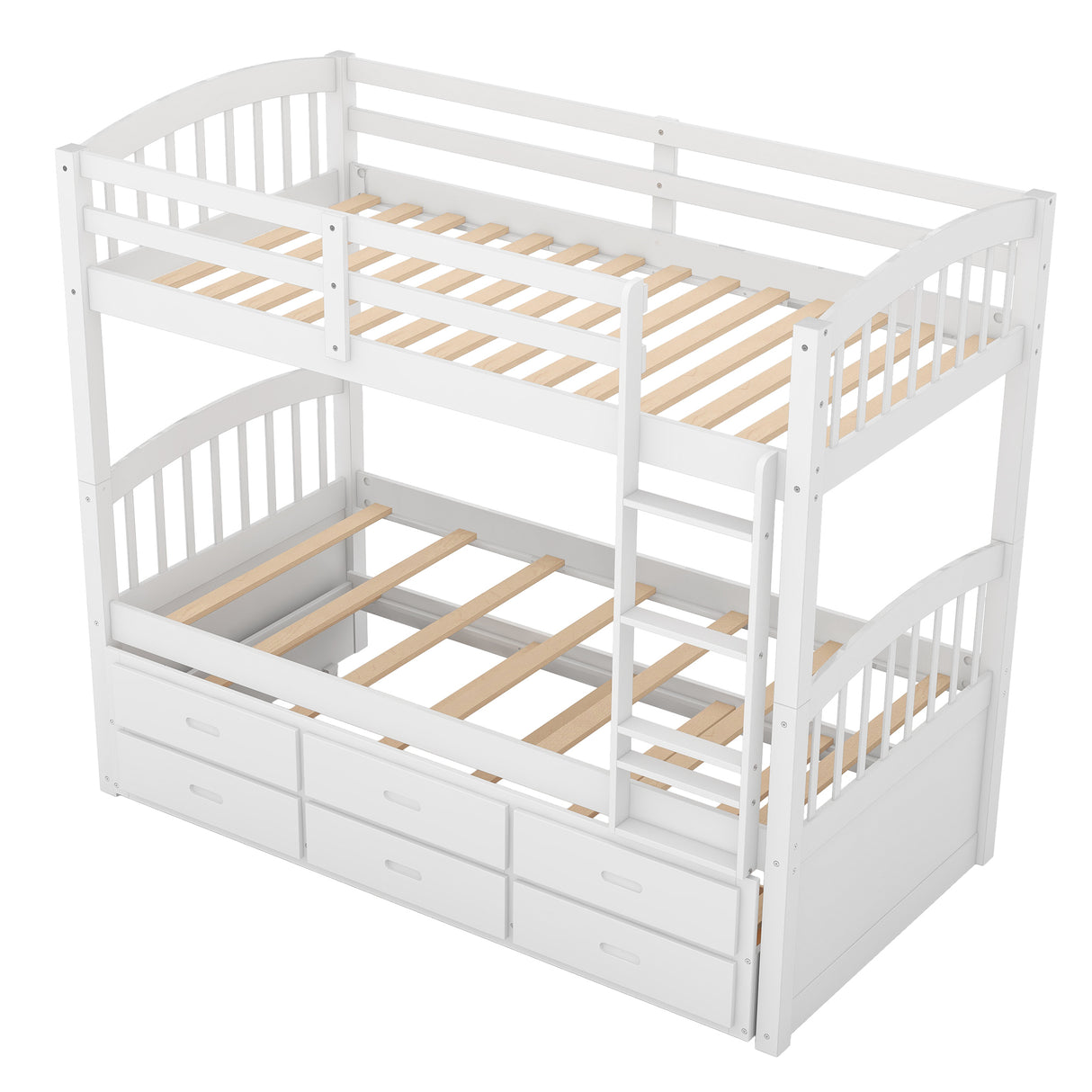 Twin over Twin Wood Bunk Bed with Trundle and Drawers,White - Home Elegance USA