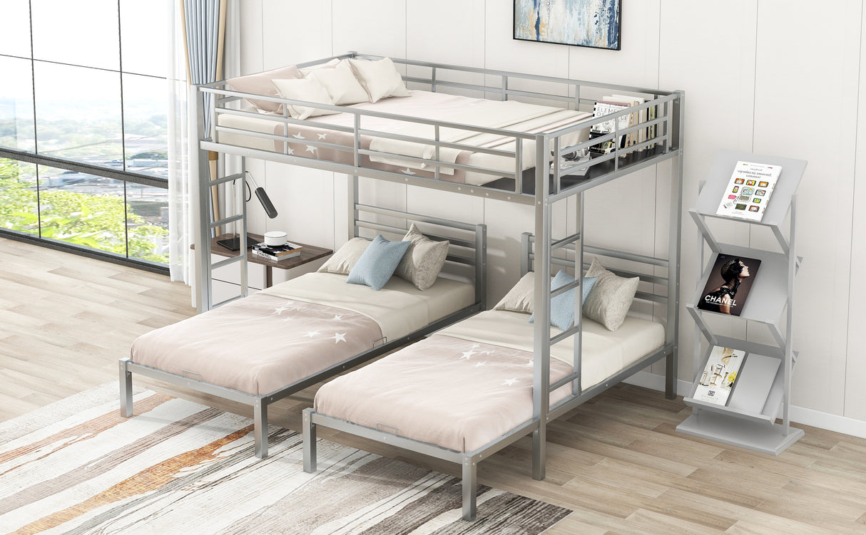 Full over Twin&Twin Size Bunk Bed with Built-in Shelf, Silver - Home Elegance USA