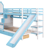 Twin-Over-Twin Castle Style Bunk Bed with 2 Drawers 3 Shelves and Slide - Blue