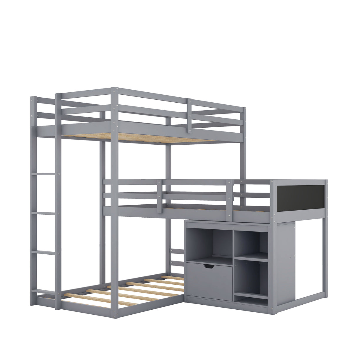 L-shaped Wood Triple Twin Size Bunk Bed with Storage Cabinet and Blackboard, Ladder, Gray - Home Elegance USA