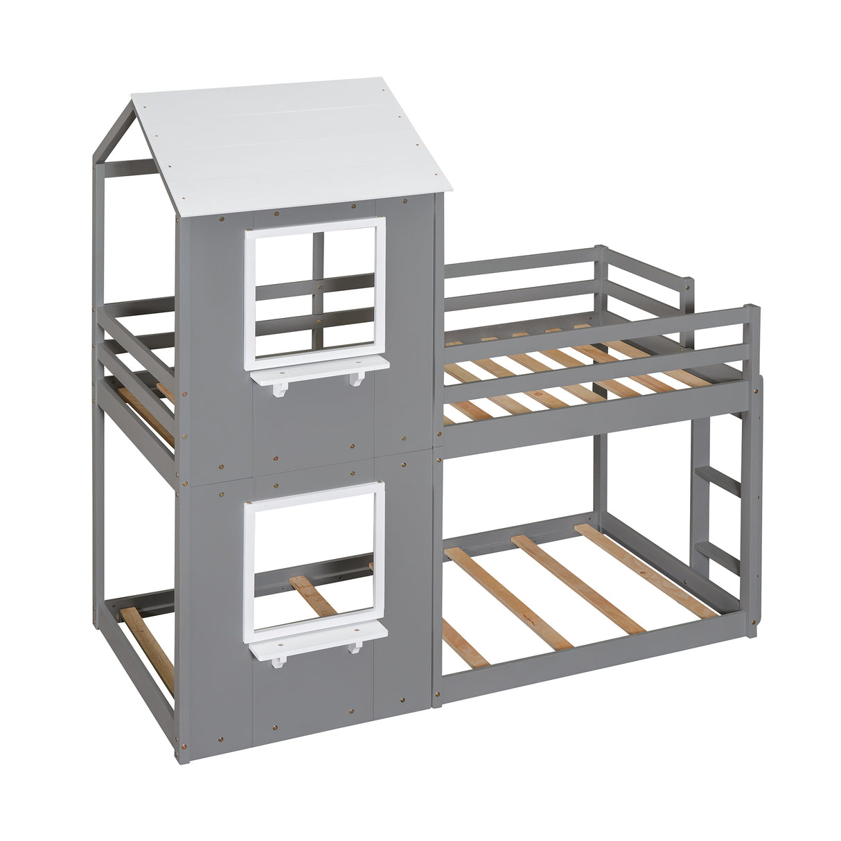 Twin Over Twin Bunk Bed Wood Bed with Roof, Window, Guardrail, Ladder (White) - Home Elegance USA