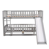 Bunk Bed with Slide,Twin Over Twin Low Bunk Bed with Fence and Ladder for Toddler Kids Teens Grey - Home Elegance USA