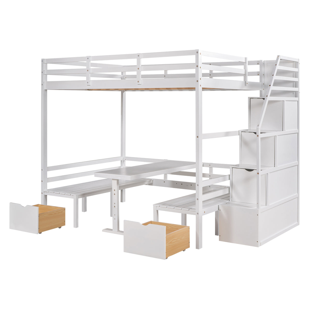 Full over Full Size Bunk Bed with staircase,the Down Bed can be Convertible to Seats and Table Set,White - Home Elegance USA