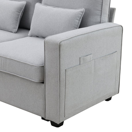 [VIDEO provided] [New] 114.2" Upholstered Sofa with Console, 2 Cupholders and 2 USB Ports Wired or Wirelessly Charged, Modern Linen Fabric Couches with 4 Pillows for Living Room, Apartment (4-Seat) Home Elegance USA