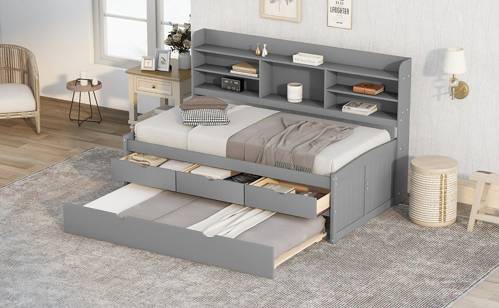 Twin Size Wooden Captain Bed with Built-in Bookshelves,Three Storage Drawers and Trundle,Light Grey - Home Elegance USA