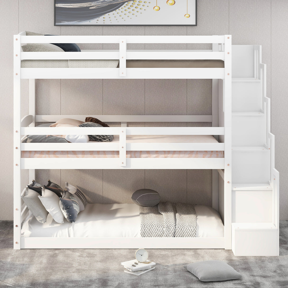 Twin Size Triple Bunk Bed with Storage Staircase,Separate Design,White - Home Elegance USA