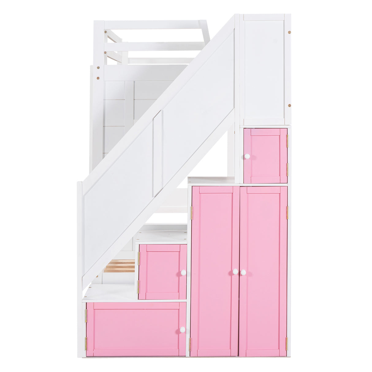 Twin Over Twin Bunk Bed with Trundle ,Stairs,Ladders Solid Wood Bunk bed with Storage Cabinet （White + Pink） - Home Elegance USA